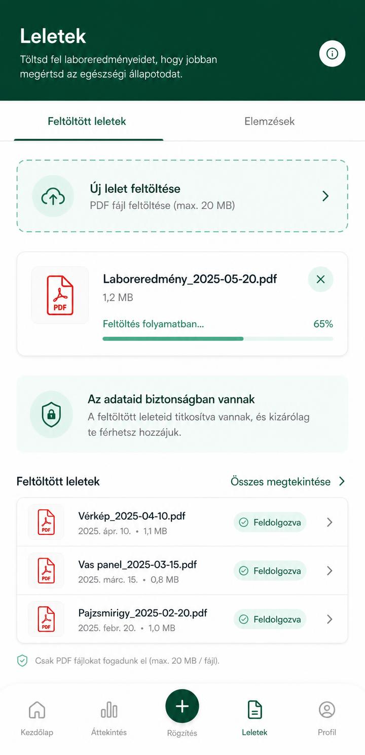 A Norbenger alkalmazás lelet-feltöltő képernyője